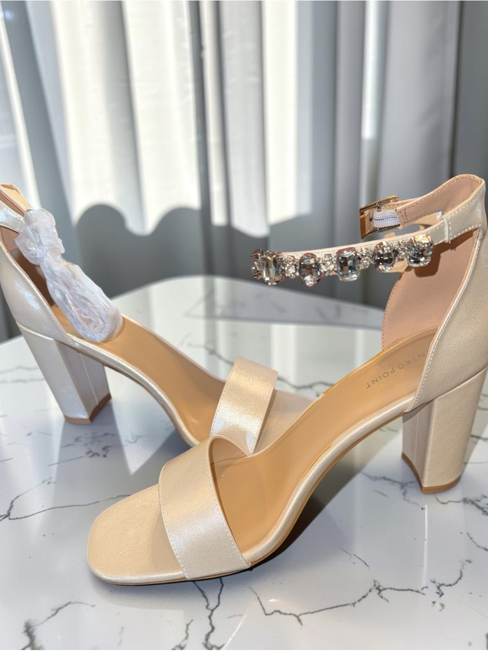 Women's Champagne Satin Block Heel Sandals with Crystal Ankle Strap